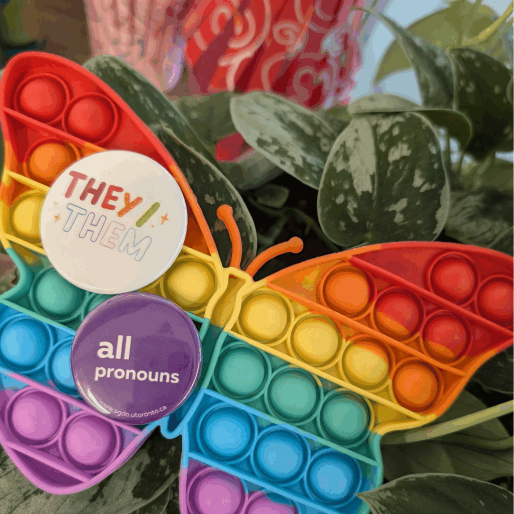 A rainbow, butterfly-shaped push-pop fidget toy sits on top of a plant. On top of the butterfly are two pin-back buttons, one reads "they/them" and the other "all pronouns"