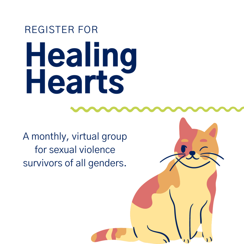 Navy text on a white background reads "Register for Healing Hearts: A monthly, virtual survivor group for survivors of all genders." A green squiggly line sits over-top of an orange and pink cat in the bottom right.