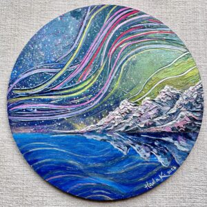 A palette painting of water, mountains, and northern lights on a round canvas. Blues, purples, and greens are prominent. 