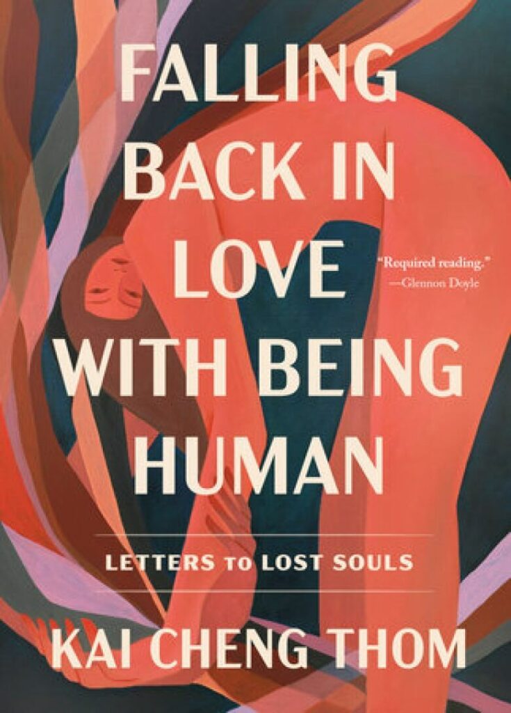 The cover for Kai Cheng Thom's "Falling Back in Love with Being Human." Purple, black, and red artwork of a person bending over.