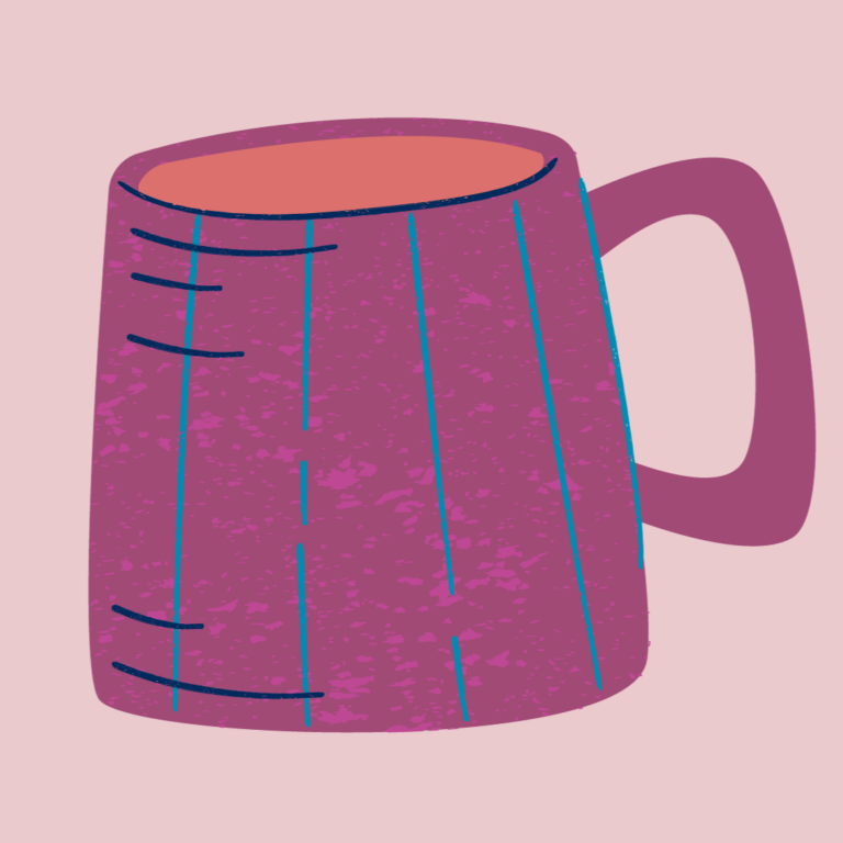 A graphic of a pink and burgandy mug with blue stripes, on a light pink background