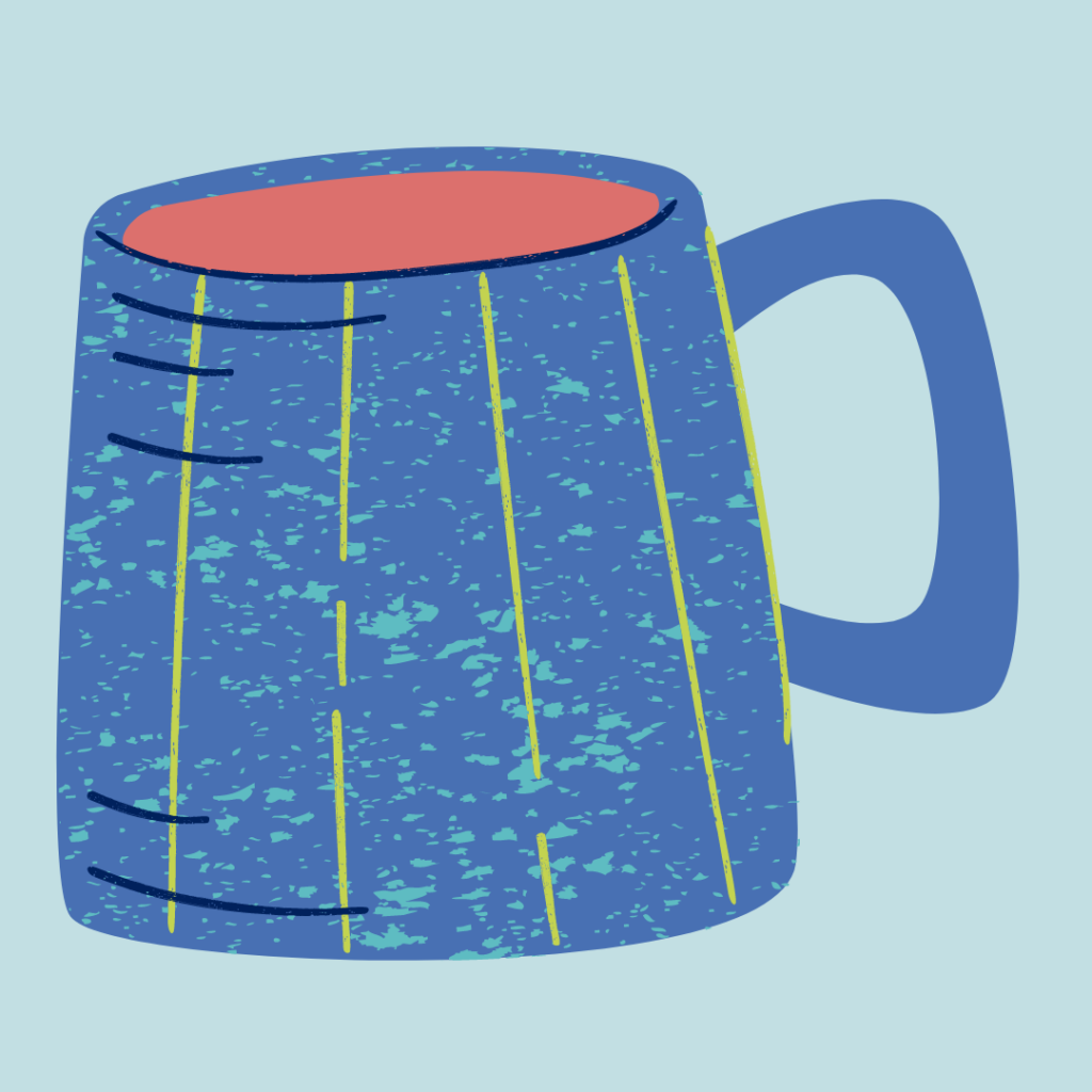 A graphic of a blue mug with lime green stripes.